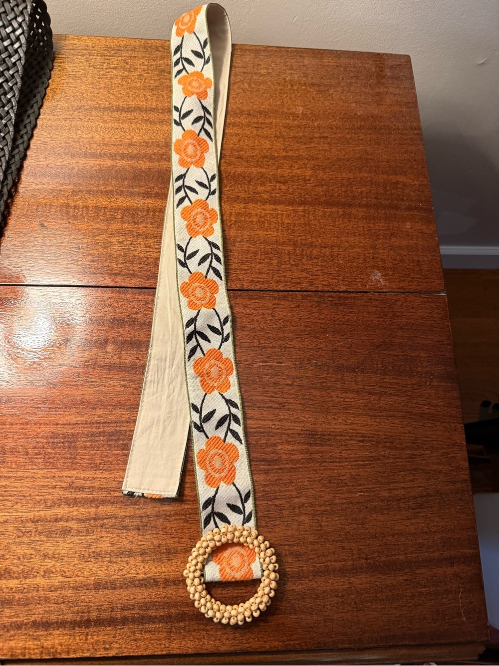 Handwoven Floral Embroidered Belt with Beaded Buckle - Orange